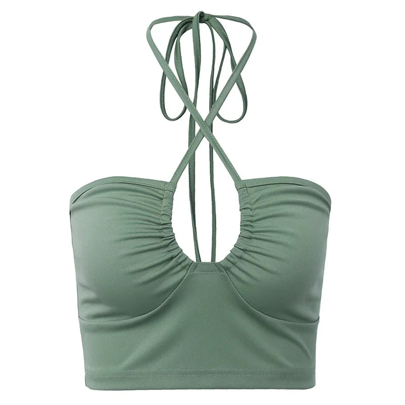 Sexy Solid Lace Up Bow Halter Ruched Crop Top