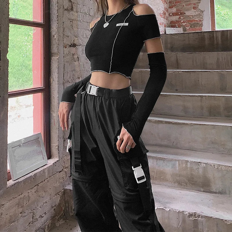 Patchwork Black T-shirts Gothic One Shoulder Sleeve Crop Tops
