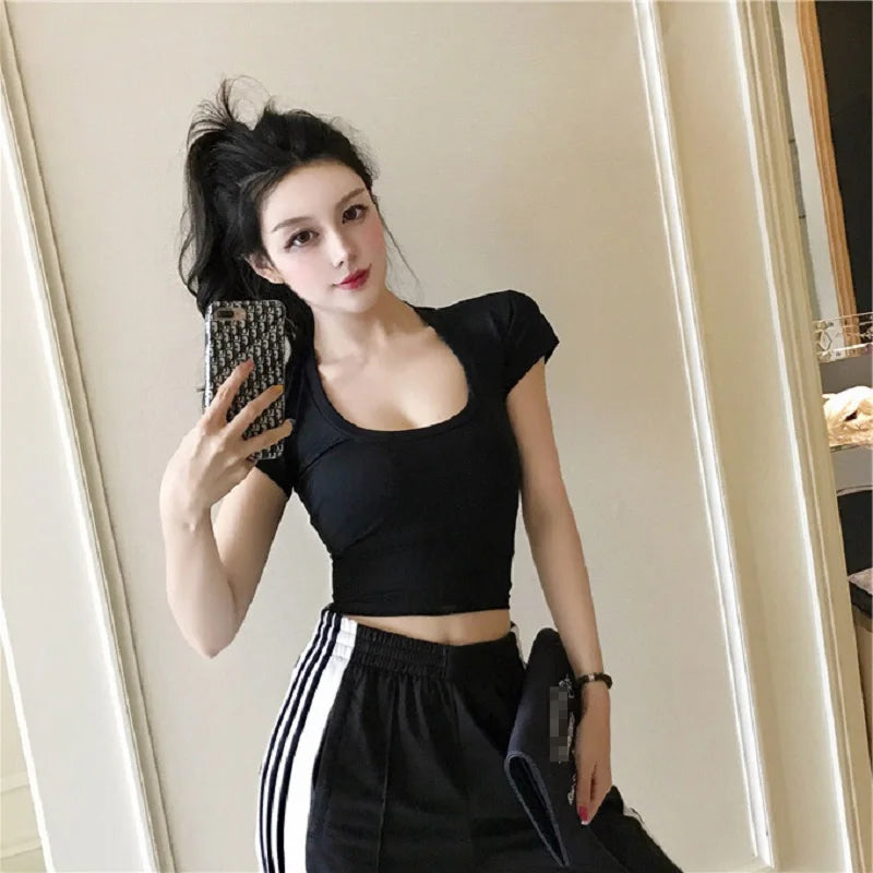 Slim Sports Vest Sexy Short Sleeve U-Neck Gray Tee Tank Tops