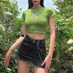 Butterfly Graphic and Letter Printing Stitch Green Crop Tops
