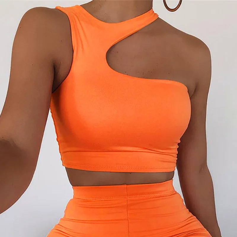 Cut Out Sexy Crop Off Shoulder Solid Skinny Sport Short Tops