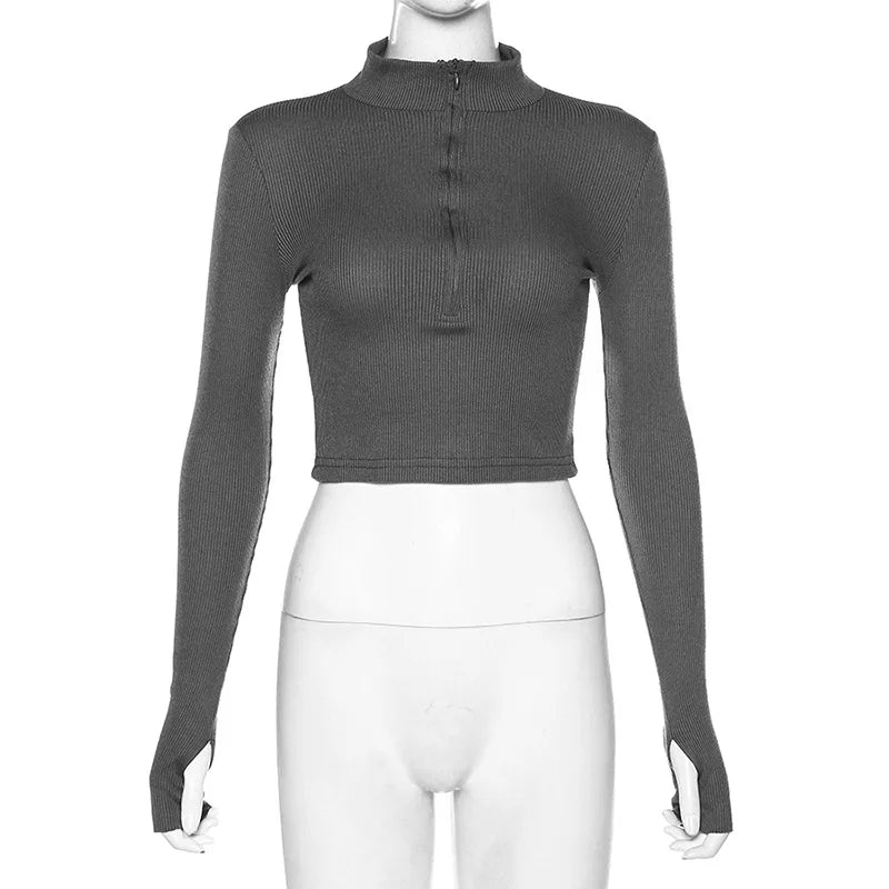 solid color casual T-shirt long sleeves turtleneck crop Tops