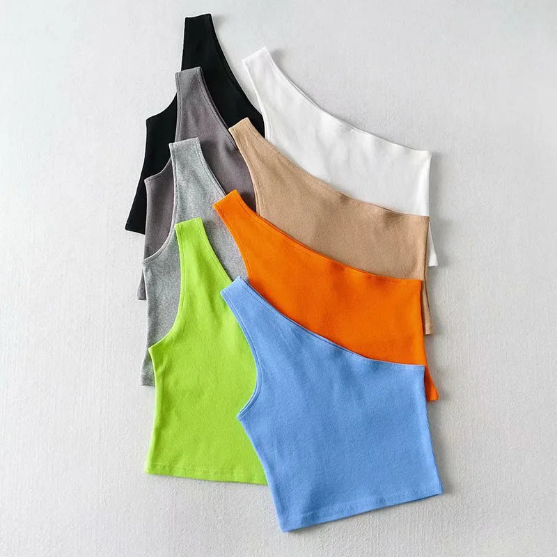 One Shoulder Cropped Tanks Top