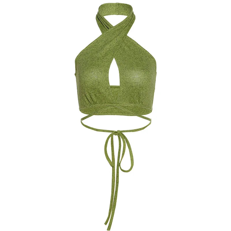 Green Sexy Bandage Halter Crop Tops