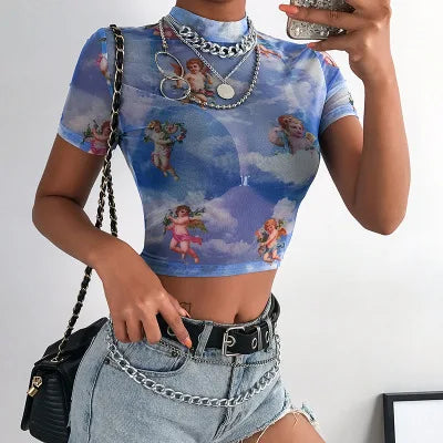 Angel Print Mesh Sexy T Shirt Crop Top