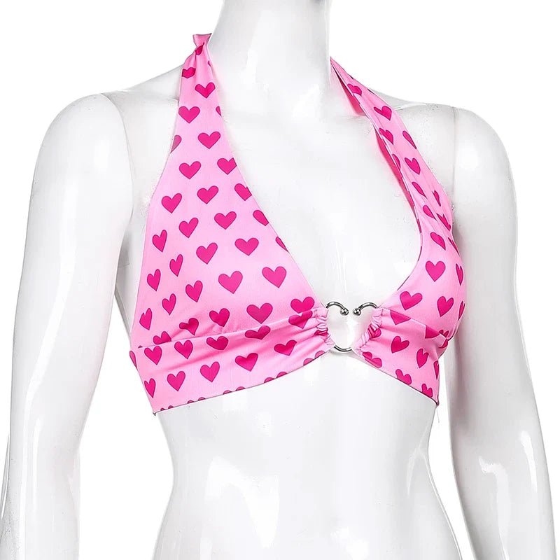 Pink Heart Print Cute Bustier Crop Top