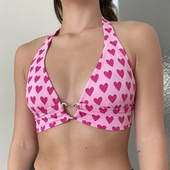 Pink Heart Print Cute Bustier Crop Top