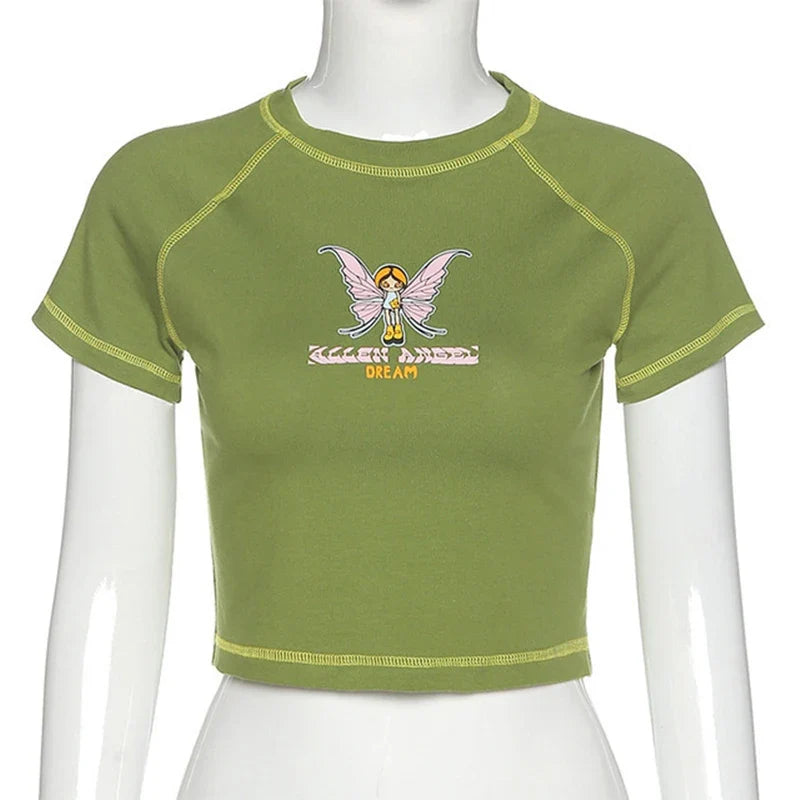 Butterfly Graphic and Letter Printing Stitch Green Crop Tops