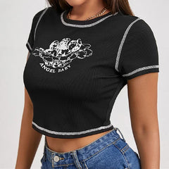 women's fashionable angel letter printed short sleeved round neck contrasting stitching slim fit T-shirt casual crop top