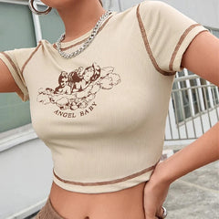 women's fashionable angel letter printed short sleeved round neck contrasting stitching slim fit T-shirt casual crop top