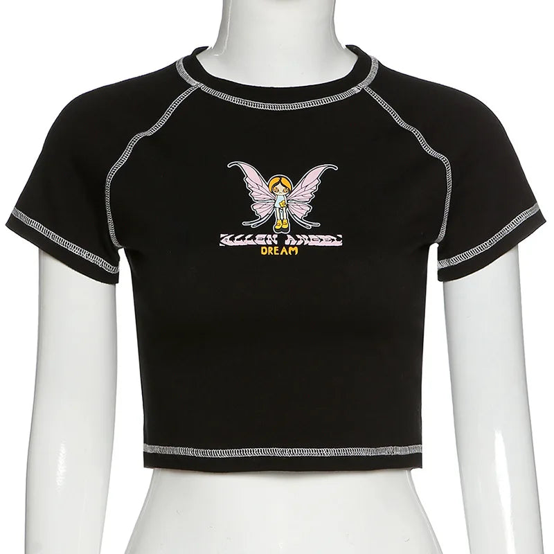 Butterfly Graphic and Letter Printing Stitch Green Crop Tops
