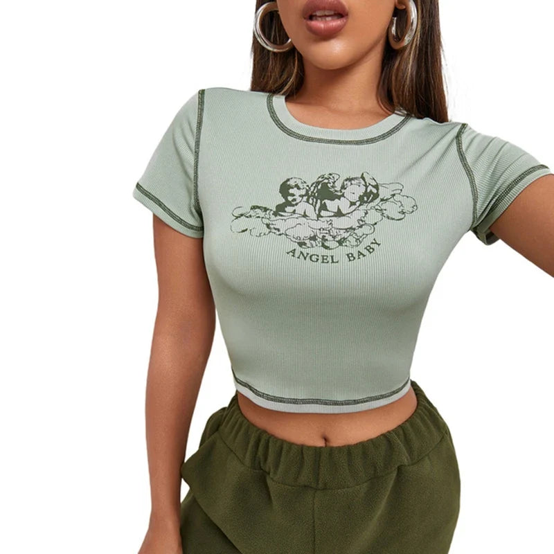 women's fashionable angel letter printed short sleeved round neck contrasting stitching slim fit T-shirt casual crop top