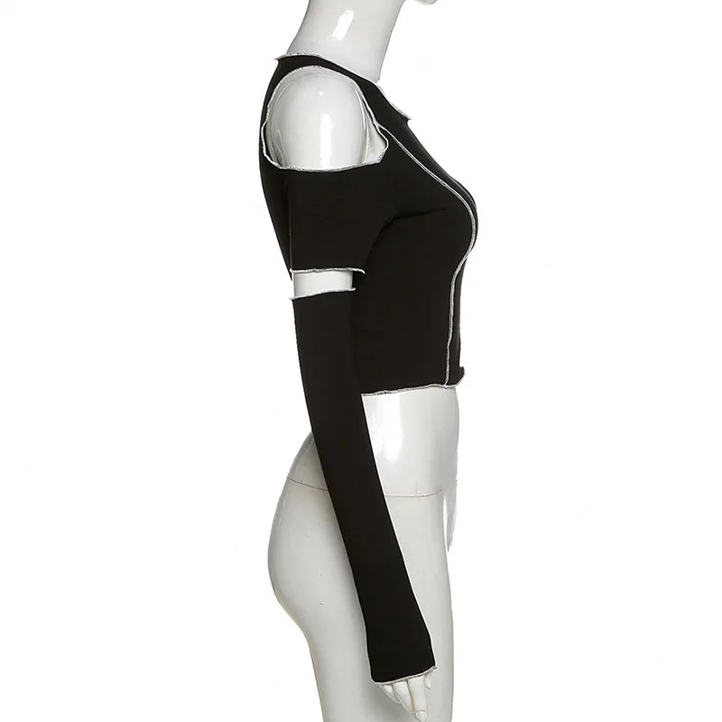 Patchwork Black T-shirts Gothic One Shoulder Sleeve Y2k Crop Tops