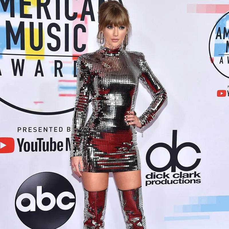 Shiny Plaid Sequins Autumn Winter Dress