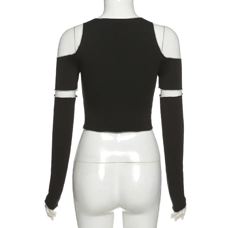 Patchwork Black T-shirts Gothic One Shoulder Sleeve Crop Tops