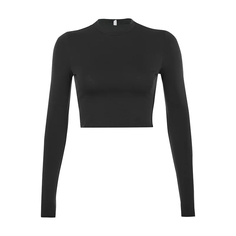 Solid Basic Long Sleeve Womens Tshirt Casual Black White Crop Top