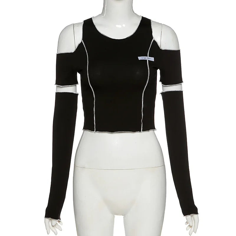 Patchwork Black T-shirts Gothic One Shoulder Sleeve Crop Tops