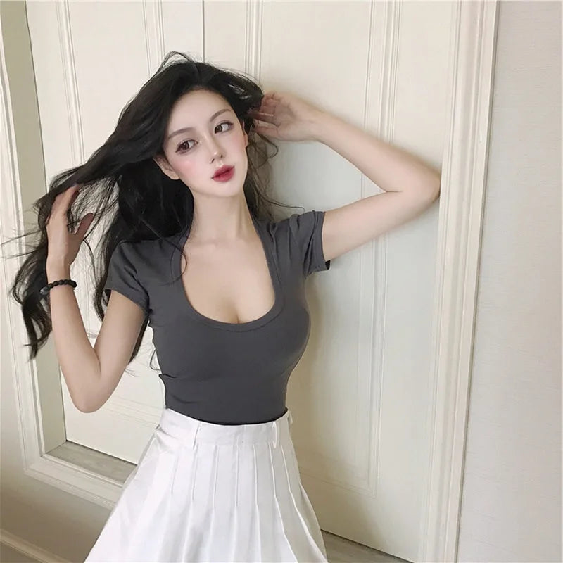 Slim Sports Vest Sexy Short Sleeve U-Neck Gray Tee Tank Tops