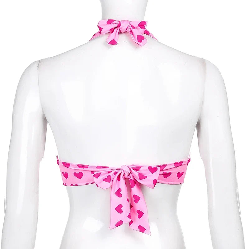 Pink Heart Print Cute Bustier Crop Top