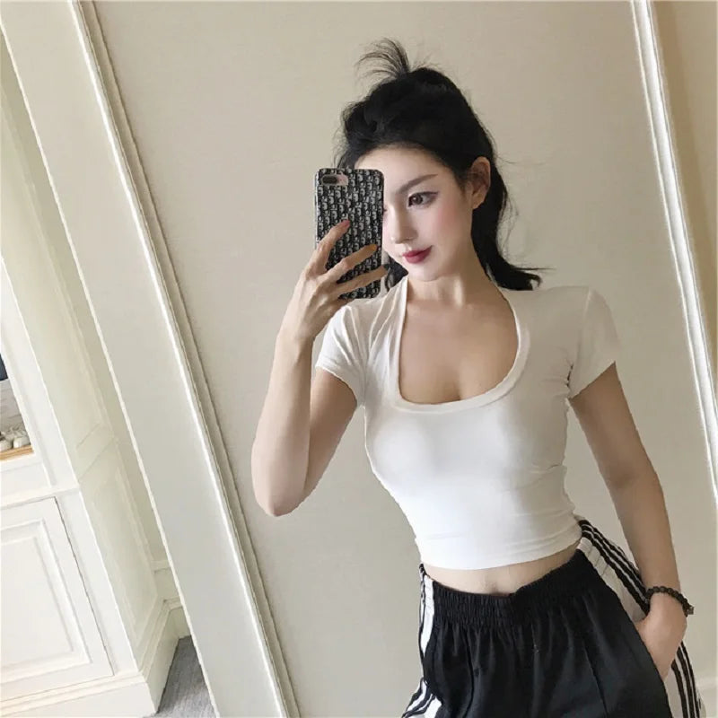 Slim Sports Vest Sexy Short Sleeve U-Neck Gray Tee Tank Tops