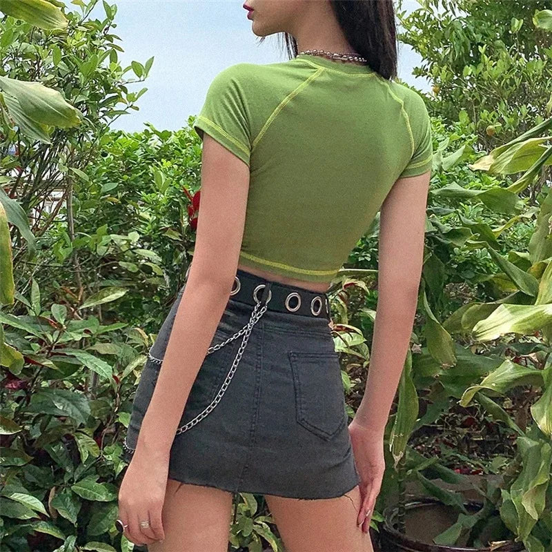 Butterfly Graphic and Letter Printing Stitch Green Crop Tops