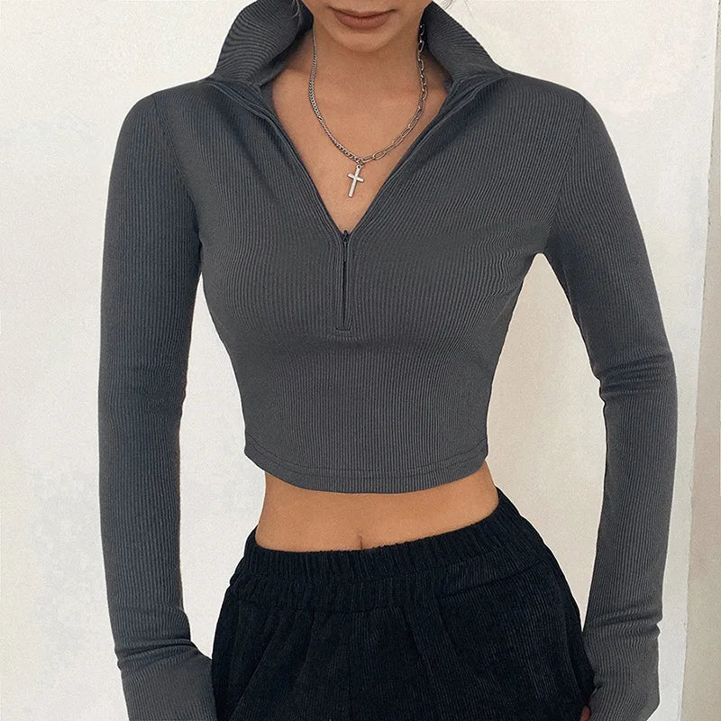 solid color casual T-shirt long sleeves turtleneck crop Tops