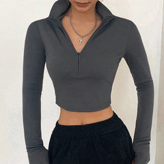 solid color casual T-shirt long sleeves turtleneck crop Tops