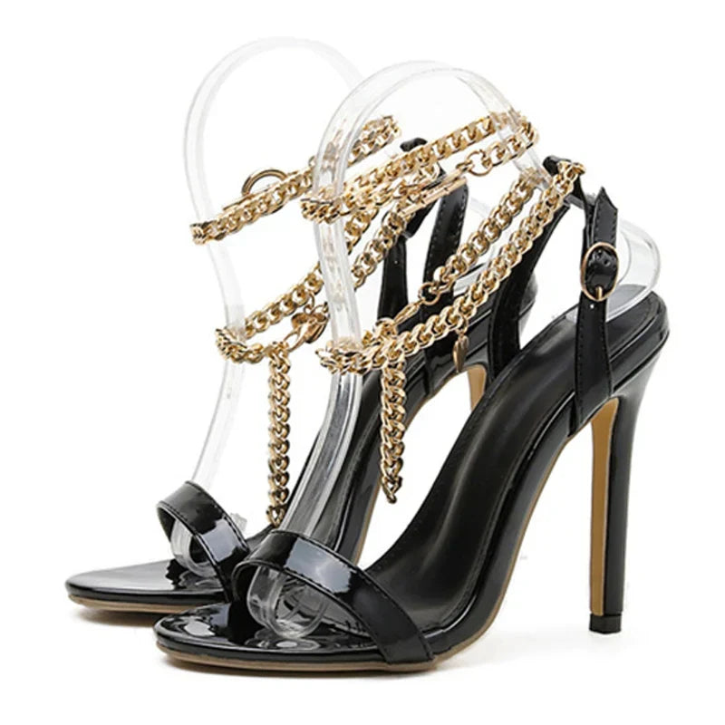 High Quality Pink Patent Leather Open Toe Metal Chain High Heel