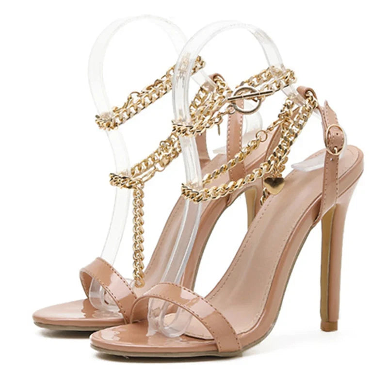 High Quality Pink Patent Leather Open Toe Metal Chain High Heel