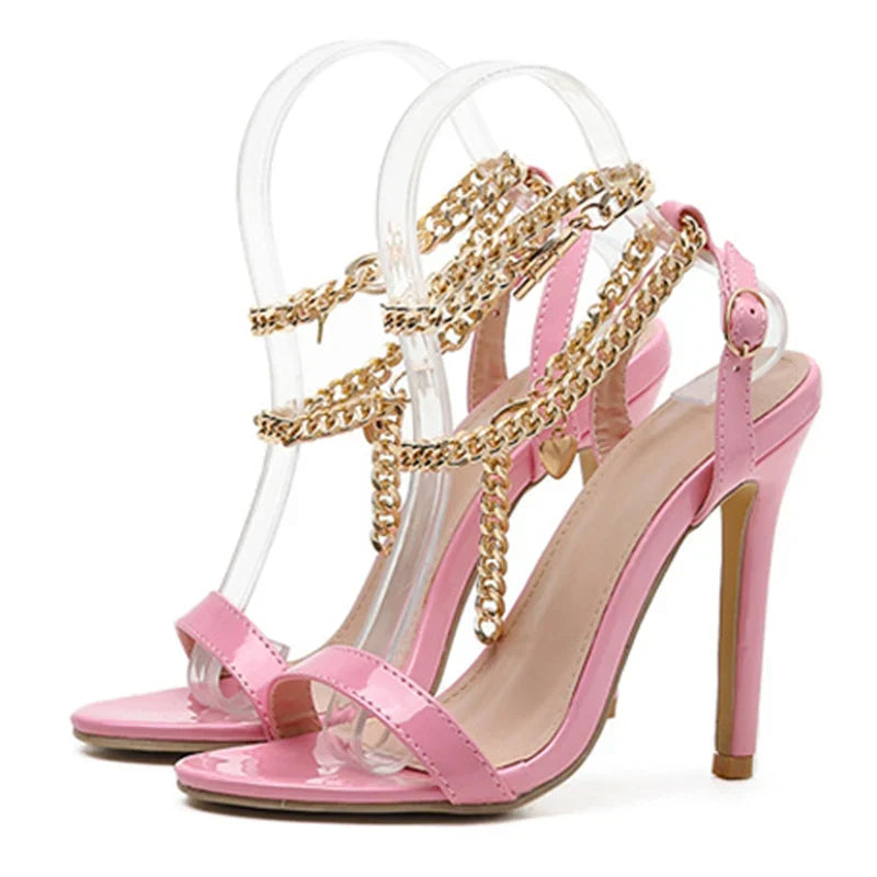 High Quality Pink Patent Leather Open Toe Metal Chain High Heel