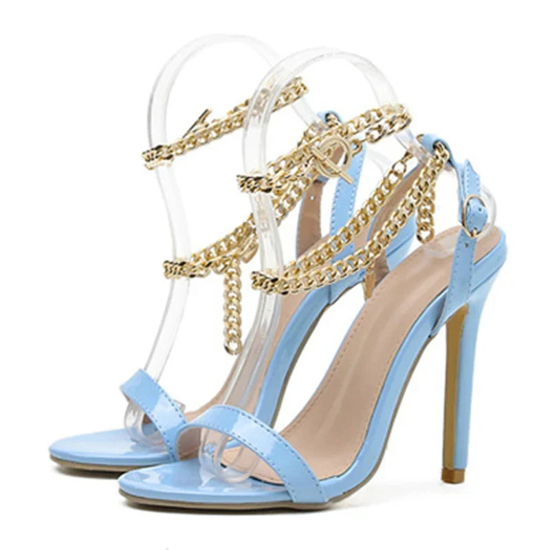 High Quality Pink Patent Leather Open Toe Metal Chain High Heel
