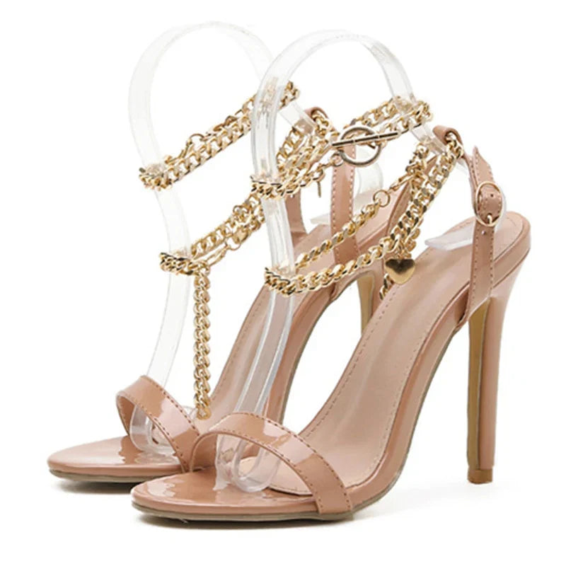 High Quality Pink Patent Leather Open Toe Metal Chain High Heel