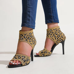 Hot Designer Knitted High Heel Open Toe Leopard Print High Heel