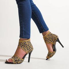 Hot Designer Knitted High Heel Open Toe Leopard Print High Heel