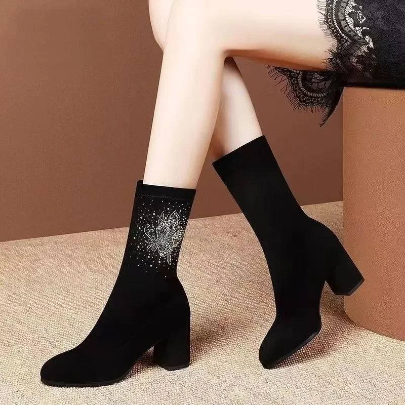 Black Suede Classic Pointed Toe Block Heels Ankle Boot
