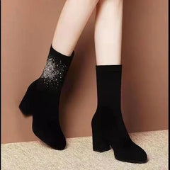 Black Suede Classic Pointed Toe Block Heels Ankle Boot