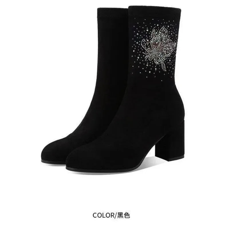 Black Suede Classic Pointed Toe Block Heels Ankle Boot