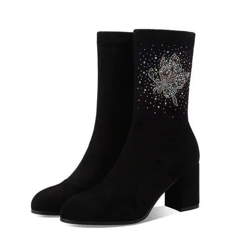 Black Suede Classic Pointed Toe Block Heels Ankle Boot