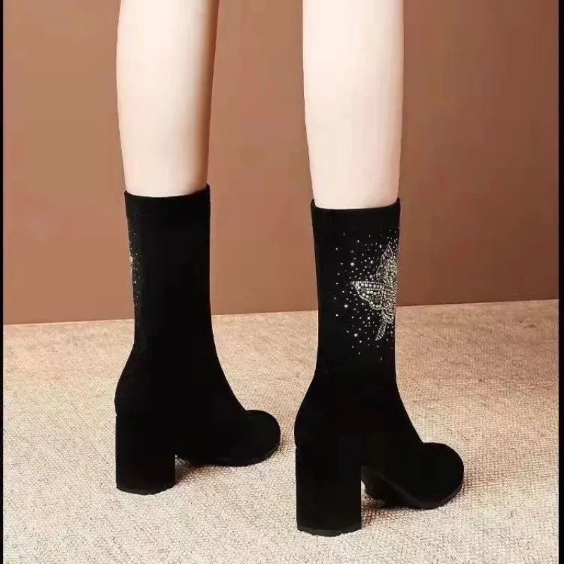 Black Suede Classic Pointed Toe Block Heels Ankle Boot