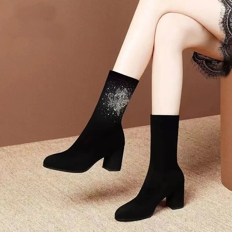 Black Suede Classic Pointed Toe Block Heels Ankle Boot