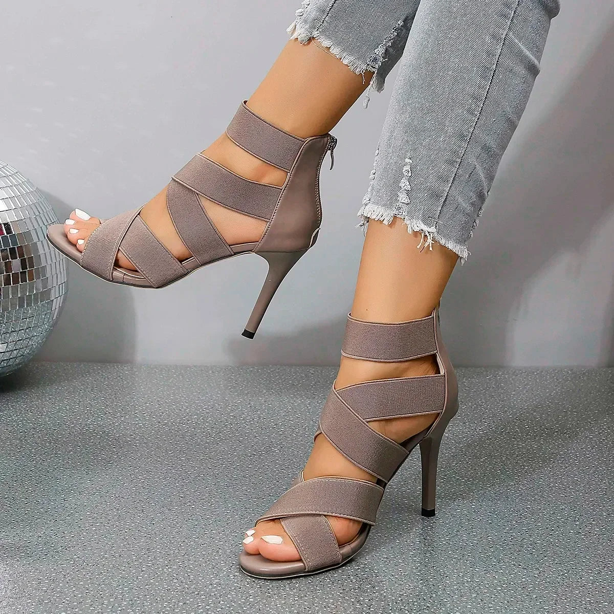 Versatile Khaki Beige Thin High Heel Elastic Band Gladiator High Heel