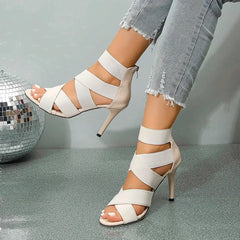 Versatile Khaki Beige Thin High Heel Elastic Band Gladiator High Heel
