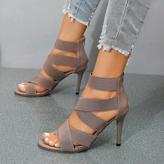 Versatile Khaki Beige Thin High Heel Elastic Band Gladiator High Heel