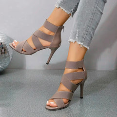 Versatile Khaki Beige Thin High Heel Elastic Band Gladiator High Heel
