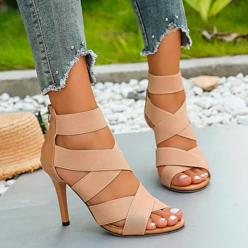 Stylish Khaki Super High Heel Open Toes Elastic Crossover Zipper High Heel