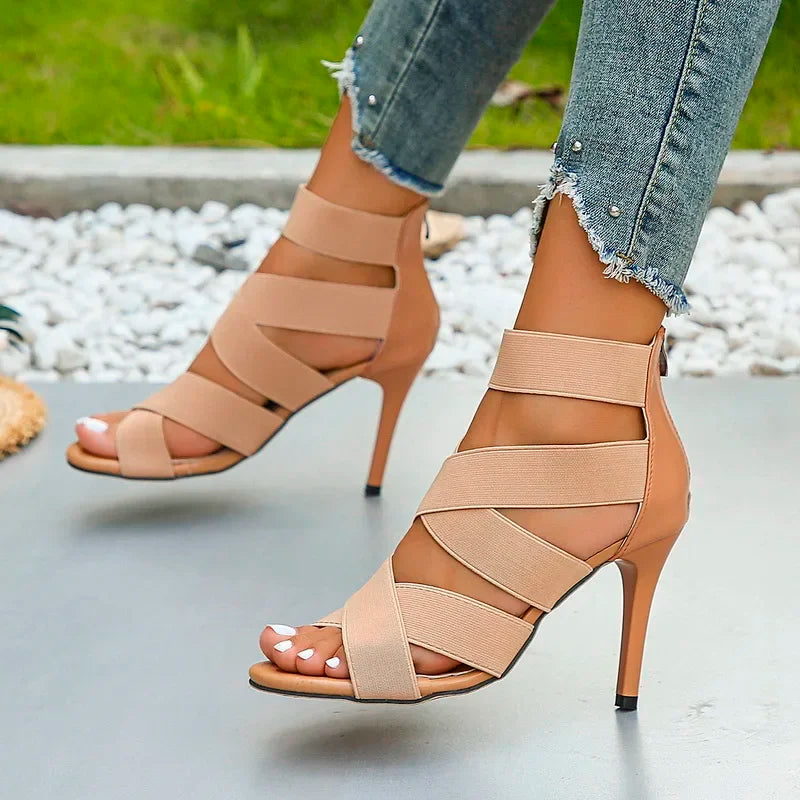 Stylish Khaki Super High Heel Open Toes Elastic Crossover Zipper High Heel