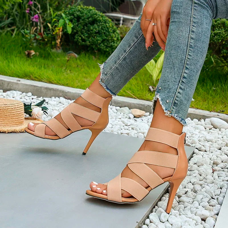 Stylish Khaki Super High Heel Open Toes Elastic Crossover Zipper High Heel