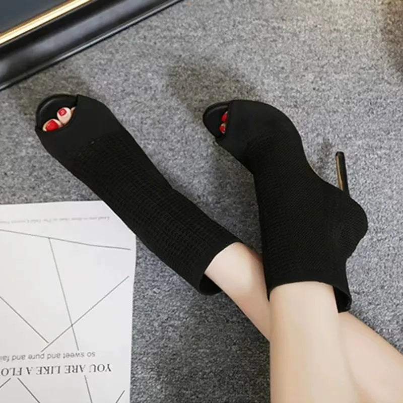 Peep Toe Stretch Fabric Hollow Out Breathable High Heel Party High Heel