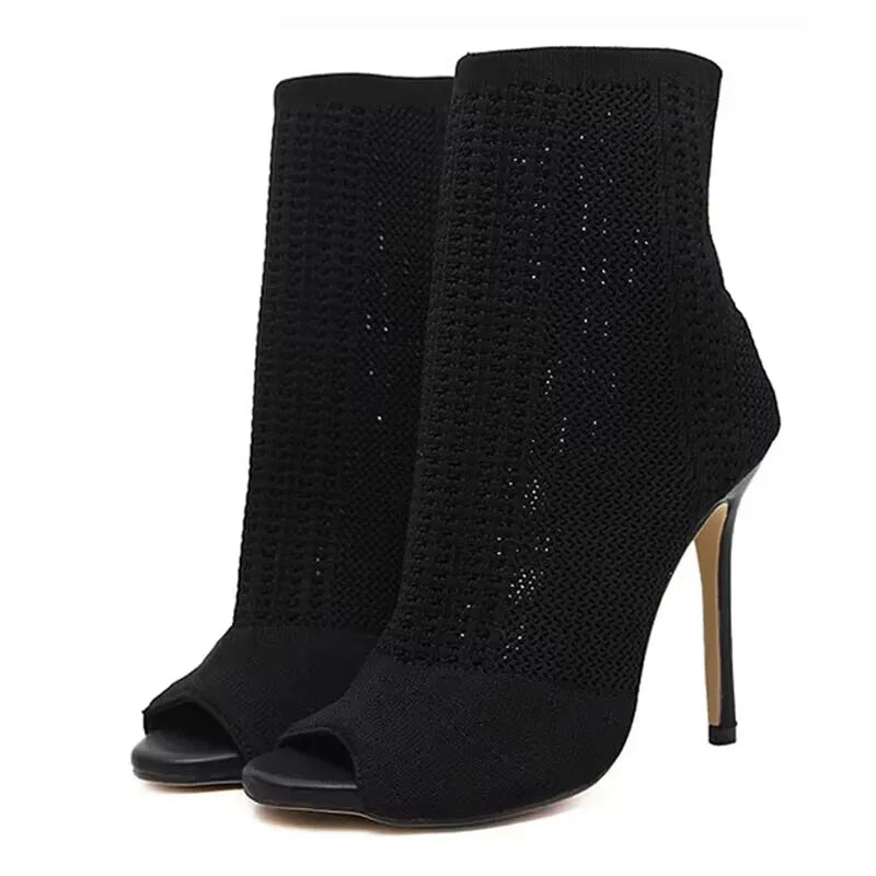 Peep Toe Stretch Fabric Hollow Out Breathable High Heel Party High Heel