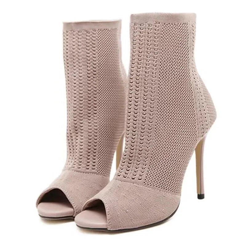 Peep Toe Stretch Fabric Hollow Out Breathable High Heel Party High Heel